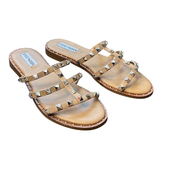 Steve Madden Shoes - Steve Madden Averill Tan Studded Gladiator Slide Sandals Womens 9 Silver Studs